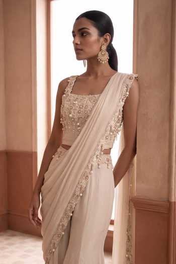 Shop Aneesh Agarwaal Cream Organza Square Neck Alisha Border Embroidered Pant Saree Set Online at Aza Fashions Shop_Aneesh Agarwaal_Cream Organza Square Neck Alisha Border Embroidered Pant Saree Set _Online_at_Aza_Fashions