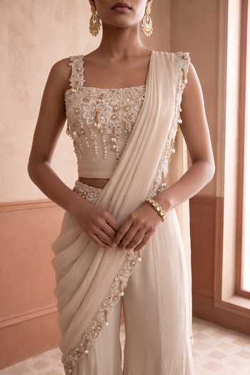 Aneesh Agarwaal Cream Organza Square Neck Alisha Border Embroidered Pant Saree Set at Aza Fashions Aneesh Agarwaal_Cream Organza Square Neck Alisha Border Embroidered Pant Saree Set _at_Aza_Fashions