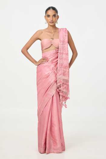 Ekaya Banaras Handwoven Salmon Saree With Running Blouse Piece 