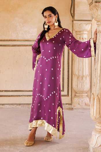 Shop Bannhi By Priyanka Rathore Purple Satin, Bemberg V-neck Bandhani Pattern Kaftan Online at Aza Fashions Shop_Bannhi By Priyanka Rathore_Purple Satin, Bemberg V-neck Bandhani Pattern Kaftan _Online_at_Aza_Fashions