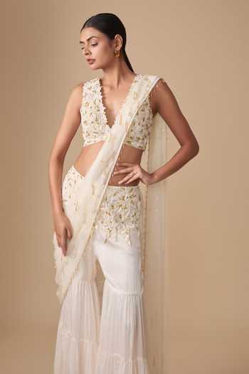 Buy Asaga Gold Satin, Tulle V-neck Embroidered Sharara Saree And Blouse Set Online at Aza Fashions Buy_Asaga_Gold Satin, Tulle V-neck Embroidered Sharara Saree And Blouse Set _Online_at_Aza_Fashions