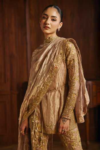 Shop Mahima Mahajan Pink Silk, Tissue Scoop Neck Rania Placement Embroidered Kurta Pant Set Online at Aza Fashions Shop_Mahima Mahajan_Pink Silk, Tissue Scoop Neck Rania Placement Embroidered Kurta Pant Set _Online_at_Aza_Fashions