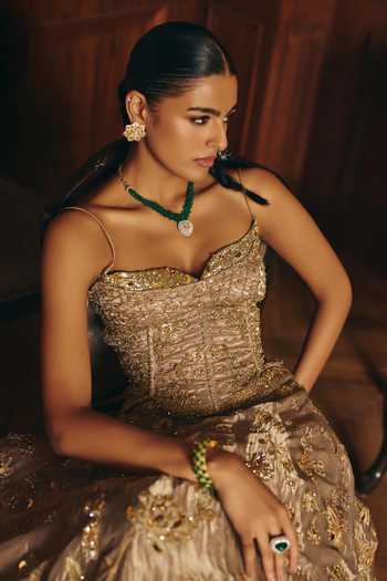 Mahima Mahajan Beige Silk, Tissue Embroidery, Sequins, Zari Noorie Corset Lehenga Set Online at Aza Fashions Mahima Mahajan_Beige Silk, Tissue Embroidery, Sequins, Zari Noorie Corset Lehenga Set _Online_at_Aza_Fashions