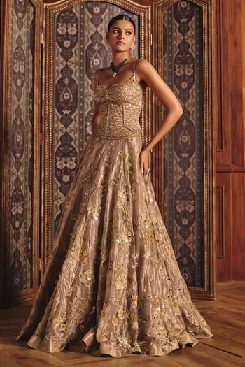 Mahima Mahajan Beige Silk, Tissue Embroidery, Sequins, Zari Noorie Corset Lehenga Set at Aza Fashions Mahima Mahajan_Beige Silk, Tissue Embroidery, Sequins, Zari Noorie Corset Lehenga Set _at_Aza_Fashions