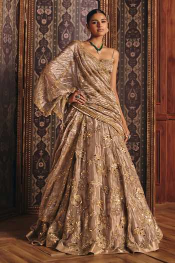 Shop Mahima Mahajan Beige Silk, Tissue Embroidery, Sequins, Zari Noorie Corset Lehenga Set Shop_Mahima Mahajan_Beige Silk, Tissue Embroidery, Sequins, Zari Noorie Corset Lehenga Set