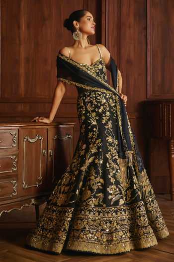 Mahima Mahajan Black Silk, Chanderi, Organza Mariam Embroidered Anarkali With Dupatta at Aza Fashions Mahima Mahajan_Black Silk, Chanderi, Organza Mariam Embroidered Anarkali With Dupatta _at_Aza_Fashions