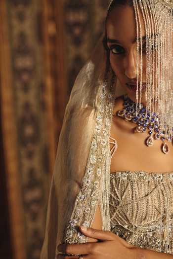 Mahima Mahajan Silver Silk, Tissue Sequins, Beads, Fringe Samiya Embroidered Corset Lehenga Set Online at Aza Fashions Mahima Mahajan_Silver Silk, Tissue Sequins, Beads, Fringe Samiya Embroidered Corset Lehenga Set _Online_at_Aza_Fashions