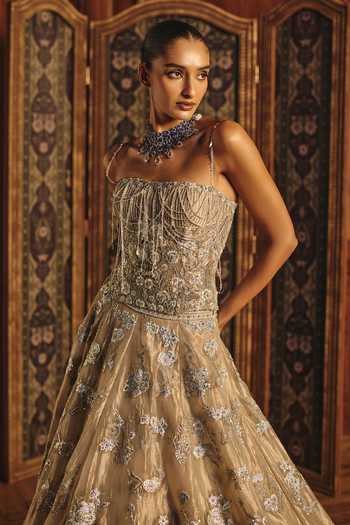 Buy Mahima Mahajan Silver Silk, Tissue Sequins, Beads, Fringe Samiya Embroidered Corset Lehenga Set Online at Aza Fashions Buy_Mahima Mahajan_Silver Silk, Tissue Sequins, Beads, Fringe Samiya Embroidered Corset Lehenga Set _Online_at_Aza_Fashions