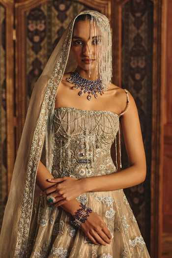 Shop Mahima Mahajan Silver Silk, Tissue Sequins, Beads, Fringe Samiya Embroidered Corset Lehenga Set Online at Aza Fashions Shop_Mahima Mahajan_Silver Silk, Tissue Sequins, Beads, Fringe Samiya Embroidered Corset Lehenga Set _Online_at_Aza_Fashions