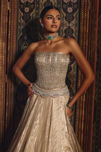 Buy Mahima Mahajan Silver Silk, Tissue Beads, Sequins Bandeau Mahika Embroidered Corset Lehenga Set Online at Aza Fashions Buy_Mahima Mahajan_Silver Silk, Tissue Beads, Sequins Bandeau Mahika Embroidered Corset Lehenga Set _Online_at_Aza_Fashions