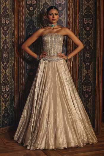 Mahima Mahajan Silver Silk, Tissue Beads, Sequins Bandeau Mahika Embroidered Corset Lehenga Set at Aza Fashions Mahima Mahajan_Silver Silk, Tissue Beads, Sequins Bandeau Mahika Embroidered Corset Lehenga Set _at_Aza_Fashions