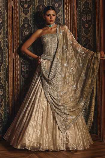 Buy Mahima Mahajan Silver Silk, Tissue Beads, Sequins Bandeau Mahika Embroidered Corset Lehenga Set Buy_Mahima Mahajan_Silver Silk, Tissue Beads, Sequins Bandeau Mahika Embroidered Corset Lehenga Set