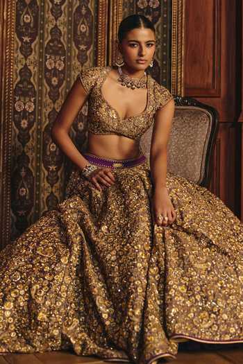Mahima Mahajan Purple Silk, Tissue Sweetheart Neck Shania Embroidered Lehenga Set Online at Aza Fashions Mahima Mahajan_Purple Silk, Tissue Sweetheart Neck Shania Embroidered Lehenga Set _Online_at_Aza_Fashions