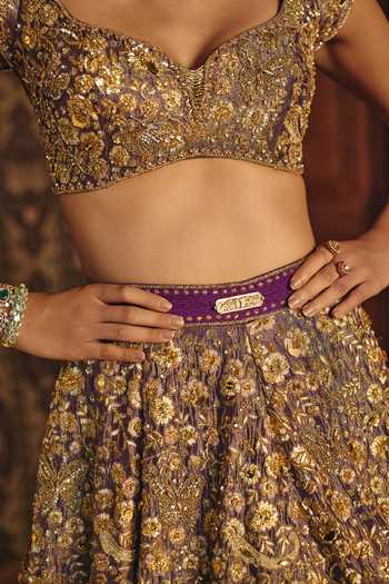 Buy Mahima Mahajan Purple Silk, Tissue Sweetheart Neck Shania Embroidered Lehenga Set Buy_Mahima Mahajan_Purple Silk, Tissue Sweetheart Neck Shania Embroidered Lehenga Set