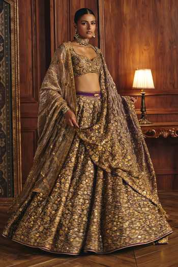 Mahima Mahajan_Purple Silk, Tissue Sweetheart Neck Shania Lehenga Set With Double Dupatta _Online_at_Aza_Fashions