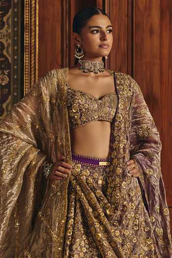 Buy_Mahima Mahajan_Purple Silk, Tissue Sweetheart Neck Shania Lehenga Set With Double Dupatta _Online_at_Aza_Fashions
