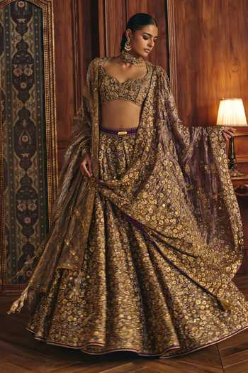 Mahima Mahajan_Purple Silk, Tissue Sweetheart Neck Shania Lehenga Set With Double Dupatta _at_Aza_Fashions