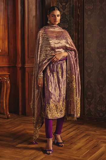 Mahima Mahajan Purple Silk, Tissue, Net, Lycra Sweetheart Neck Naima Sleeveless Kurta Pant Set at Aza Fashions Mahima Mahajan_Purple Silk, Tissue, Net, Lycra Sweetheart Neck Naima Sleeveless Kurta Pant Set _at_Aza_Fashions