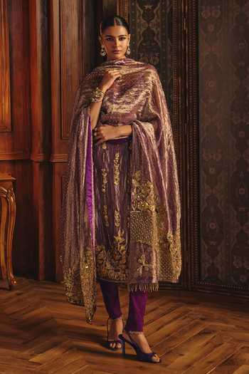 Shop Mahima Mahajan Purple Silk, Tissue, Net, Lycra Sweetheart Neck Naima Sleeveless Kurta Pant Set Shop_Mahima Mahajan_Purple Silk, Tissue, Net, Lycra Sweetheart Neck Naima Sleeveless Kurta Pant Set