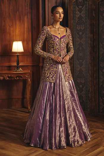 Mahima Mahajan Purple Silk, Chanderi, Tissue Sweetheart Nargis Embroidered Jacket Lehenga Set Online at Aza Fashions Mahima Mahajan_Purple Silk, Chanderi, Tissue Sweetheart Nargis Embroidered Jacket Lehenga Set _Online_at_Aza_Fashions
