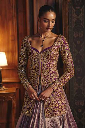 Buy Mahima Mahajan Purple Silk, Chanderi, Tissue Sweetheart Nargis Embroidered Jacket Lehenga Set Online at Aza Fashions Buy_Mahima Mahajan_Purple Silk, Chanderi, Tissue Sweetheart Nargis Embroidered Jacket Lehenga Set _Online_at_Aza_Fashions