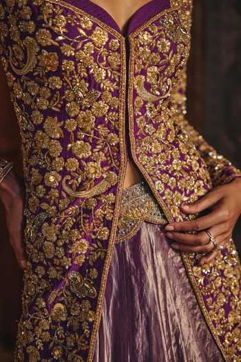 Mahima Mahajan Purple Silk, Chanderi, Tissue Sweetheart Nargis Embroidered Jacket Lehenga Set at Aza Fashions Mahima Mahajan_Purple Silk, Chanderi, Tissue Sweetheart Nargis Embroidered Jacket Lehenga Set _at_Aza_Fashions