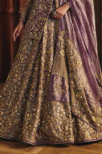 Shop Mahima Mahajan Purple Chanderi, Silk, Tissue Sweetheart Rakhi Embroidered Jacket Lehenga Set Online at Aza Fashions Shop_Mahima Mahajan_Purple Chanderi, Silk, Tissue Sweetheart Rakhi Embroidered Jacket Lehenga Set _Online_at_Aza_Fashions