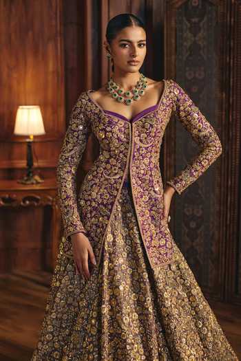 Mahima Mahajan Purple Chanderi, Silk, Tissue Sweetheart Rakhi Embroidered Jacket Lehenga Set at Aza Fashions Mahima Mahajan_Purple Chanderi, Silk, Tissue Sweetheart Rakhi Embroidered Jacket Lehenga Set _at_Aza_Fashions