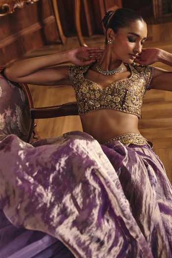 Mahima Mahajan Purple Silk, Tissue Sweetheart Neck Inaam Embroidered Blouse Lehenga Set Online at Aza Fashions Mahima Mahajan_Purple Silk, Tissue Sweetheart Neck Inaam Embroidered Blouse Lehenga Set _Online_at_Aza_Fashions