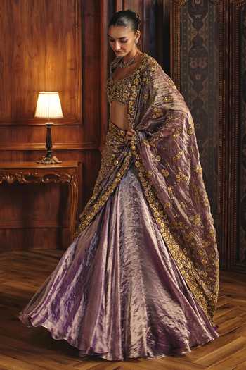 Shop Mahima Mahajan Purple Silk, Tissue Sweetheart Neck Inaam Embroidered Blouse Lehenga Set Online at Aza Fashions Shop_Mahima Mahajan_Purple Silk, Tissue Sweetheart Neck Inaam Embroidered Blouse Lehenga Set _Online_at_Aza_Fashions