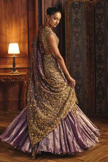 Buy Mahima Mahajan Purple Silk, Tissue Sweetheart Neck Inaam Embroidered Blouse Lehenga Set Buy_Mahima Mahajan_Purple Silk, Tissue Sweetheart Neck Inaam Embroidered Blouse Lehenga Set