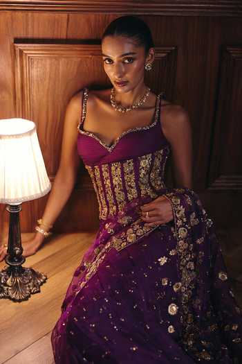 Buy Mahima Mahajan Purple Organza, Chanderi, Beads, Aashna Embroidered Saree With Corset Online at Aza Fashions Buy_Mahima Mahajan_Purple Organza, Chanderi, Beads, Aashna Embroidered Saree With Corset _Online_at_Aza_Fashions
