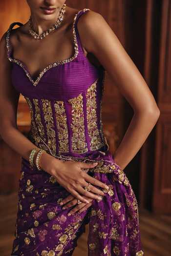 Shop Mahima Mahajan Purple Organza, Chanderi, Beads, Aashna Embroidered Saree With Corset Online at Aza Fashions Shop_Mahima Mahajan_Purple Organza, Chanderi, Beads, Aashna Embroidered Saree With Corset _Online_at_Aza_Fashions