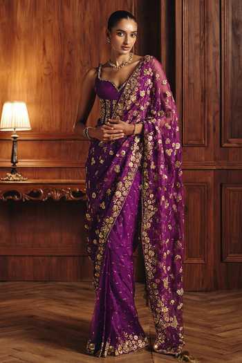 Mahima Mahajan Purple Organza, Chanderi, Beads, Aashna Embroidered Saree With Corset at Aza Fashions Mahima Mahajan_Purple Organza, Chanderi, Beads, Aashna Embroidered Saree With Corset _at_Aza_Fashions