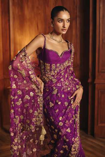 Buy Mahima Mahajan Purple Organza, Chanderi, Beads, Aashna Embroidered Saree With Corset Buy_Mahima Mahajan_Purple Organza, Chanderi, Beads, Aashna Embroidered Saree With Corset