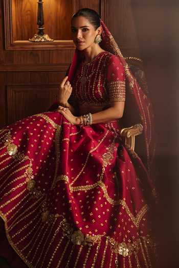Mahima Mahajan Red Silk, Chanderi Round Neck Pia Lehenga Set Online at Aza Fashions Mahima Mahajan_Red Silk, Chanderi Round Neck Pia Lehenga Set _Online_at_Aza_Fashions
