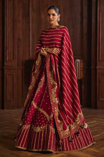 Shop Mahima Mahajan Red Silk, Chanderi Round Neck Pia Lehenga Set Online at Aza Fashions Shop_Mahima Mahajan_Red Silk, Chanderi Round Neck Pia Lehenga Set _Online_at_Aza_Fashions