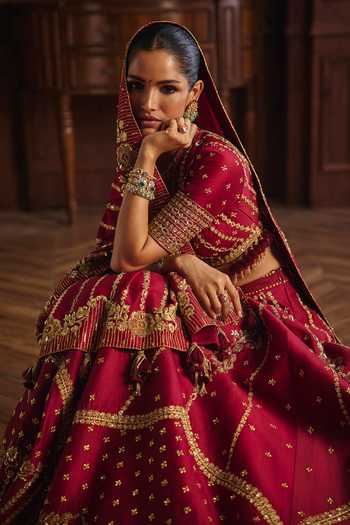 Mahima Mahajan Red Silk, Chanderi Round Neck Pia Lehenga Set at Aza Fashions Mahima Mahajan_Red Silk, Chanderi Round Neck Pia Lehenga Set _at_Aza_Fashions