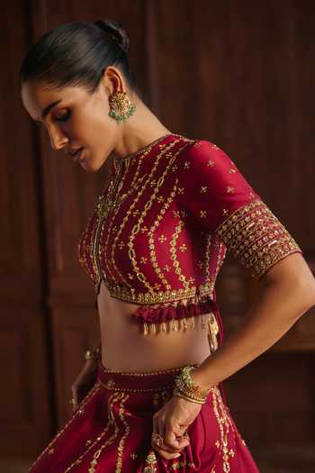 Mahima Mahajan_Red Silk, Chanderi Round Neck Pia Lehenga Set With Double Dupatta _Online_at_Aza_Fashions