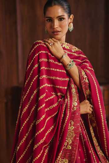 Buy_Mahima Mahajan_Red Silk, Chanderi Round Neck Pia Lehenga Set With Double Dupatta _Online_at_Aza_Fashions