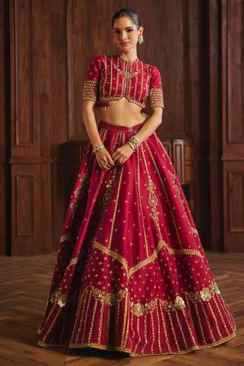 Shop_Mahima Mahajan_Red Silk, Chanderi Round Neck Pia Lehenga Set With Double Dupatta _Online_at_Aza_Fashions