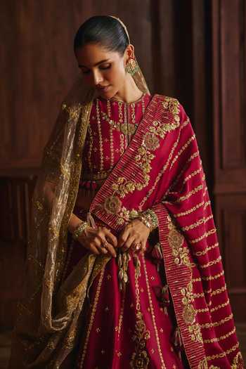 Mahima Mahajan_Red Silk, Chanderi Round Neck Pia Lehenga Set With Double Dupatta _at_Aza_Fashions