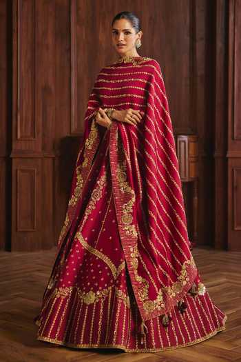 Buy_Mahima Mahajan_Red Silk, Chanderi Round Neck Pia Lehenga Set With Double Dupatta 