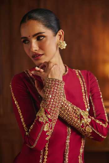 Buy_Mahima Mahajan_Red Silk, Chanderi Round Neck Sanya Embroidered Kurta Sharara Set _Online_at_Aza_Fashions