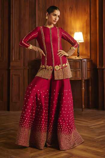 Shop_Mahima Mahajan_Red Silk, Chanderi Round Neck Sanya Embroidered Kurta Sharara Set _Online_at_Aza_Fashions