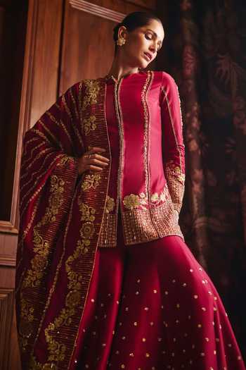 Mahima Mahajan_Red Silk, Chanderi Round Neck Sanya Embroidered Kurta Sharara Set _at_Aza_Fashions
