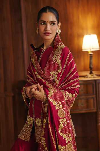 Buy_Mahima Mahajan_Red Silk, Chanderi Round Neck Sanya Embroidered Kurta Sharara Set 