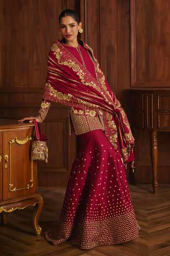 Shop_Mahima Mahajan_Red Silk, Chanderi Round Neck Sanya Embroidered Kurta Sharara Set 