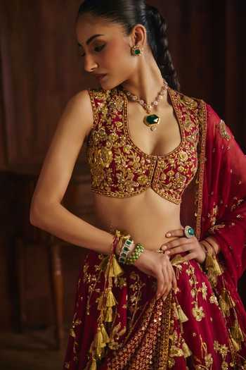Shop_Mahima Mahajan_Red Silk Organza Round Neck Nooran Lehenga Set With Veil _Online_at_Aza_Fashions