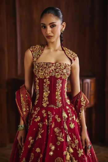 Mahima Mahajan_Red Silk Organza, Chanderi Zardozi, Rukmani Embroidered Corset Lehenga Set _Online_at_Aza_Fashions